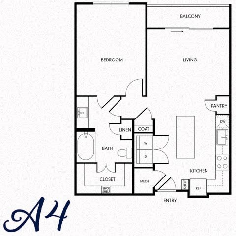 Floor plan for 1 bed, 1 bath, 776 sqft